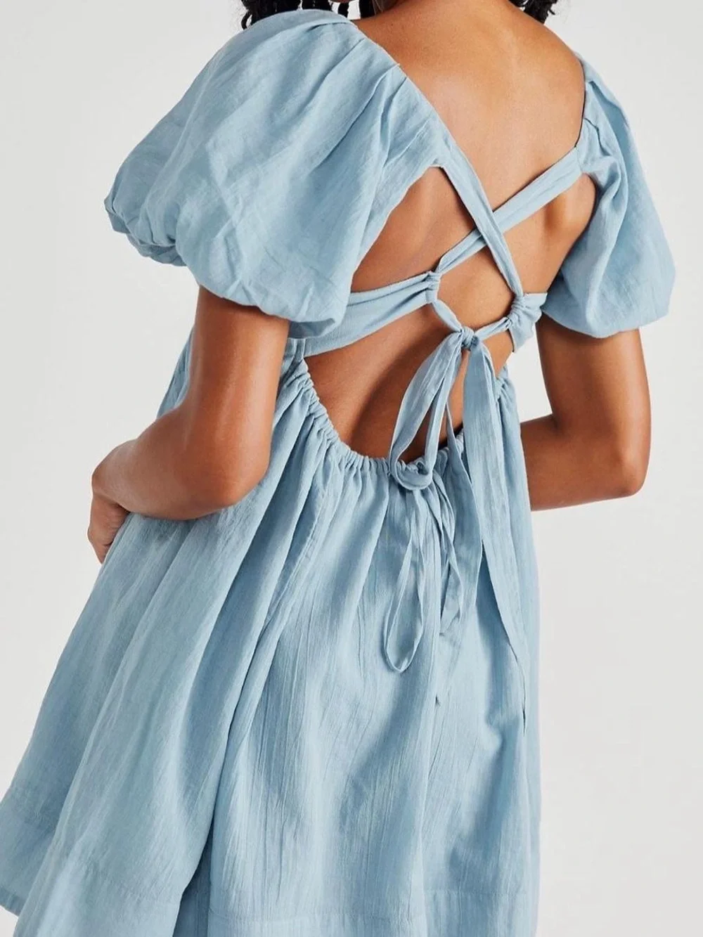 Free People Marina Dress in Aqua - Puff-Sleeve Square-Neck Mini Dress